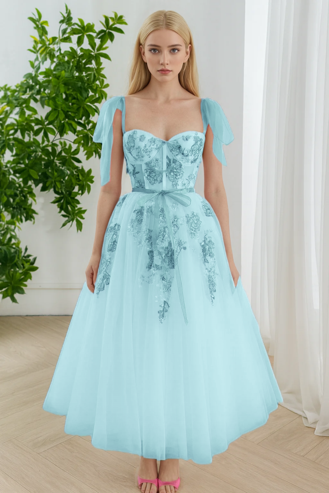 Floral Embroidered Prom Dress Tulle Midi Dress with Pink Ribbon Straps Floral Applique Tulle Gown Evening Party Dress BabaMila