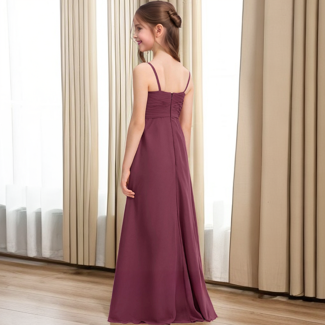 Simple V-Neck Spaghetti Straps Floor-Length Chiffon Junior Bridesmaid Dresses/Girls Birthday Dresses With Pleated Girls Gidiondress