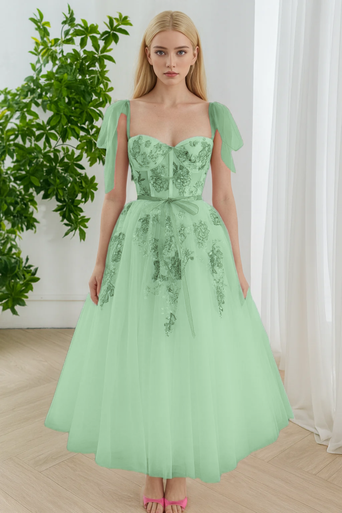 Floral Embroidered Prom Dress Tulle Midi Dress with Pink Ribbon Straps Floral Applique Tulle Gown Evening Party Dress BabaMila