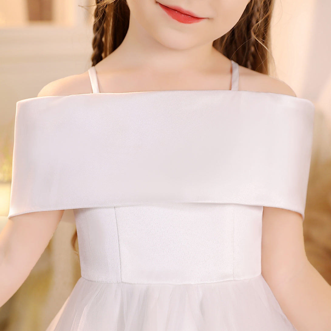 Ball Gown/Princess Cold Shoulder Satin/Tulle Ivory Knee-Length Flower Girl Dresses/Girls Birthday Dresses With Bow Girls Gidiondress