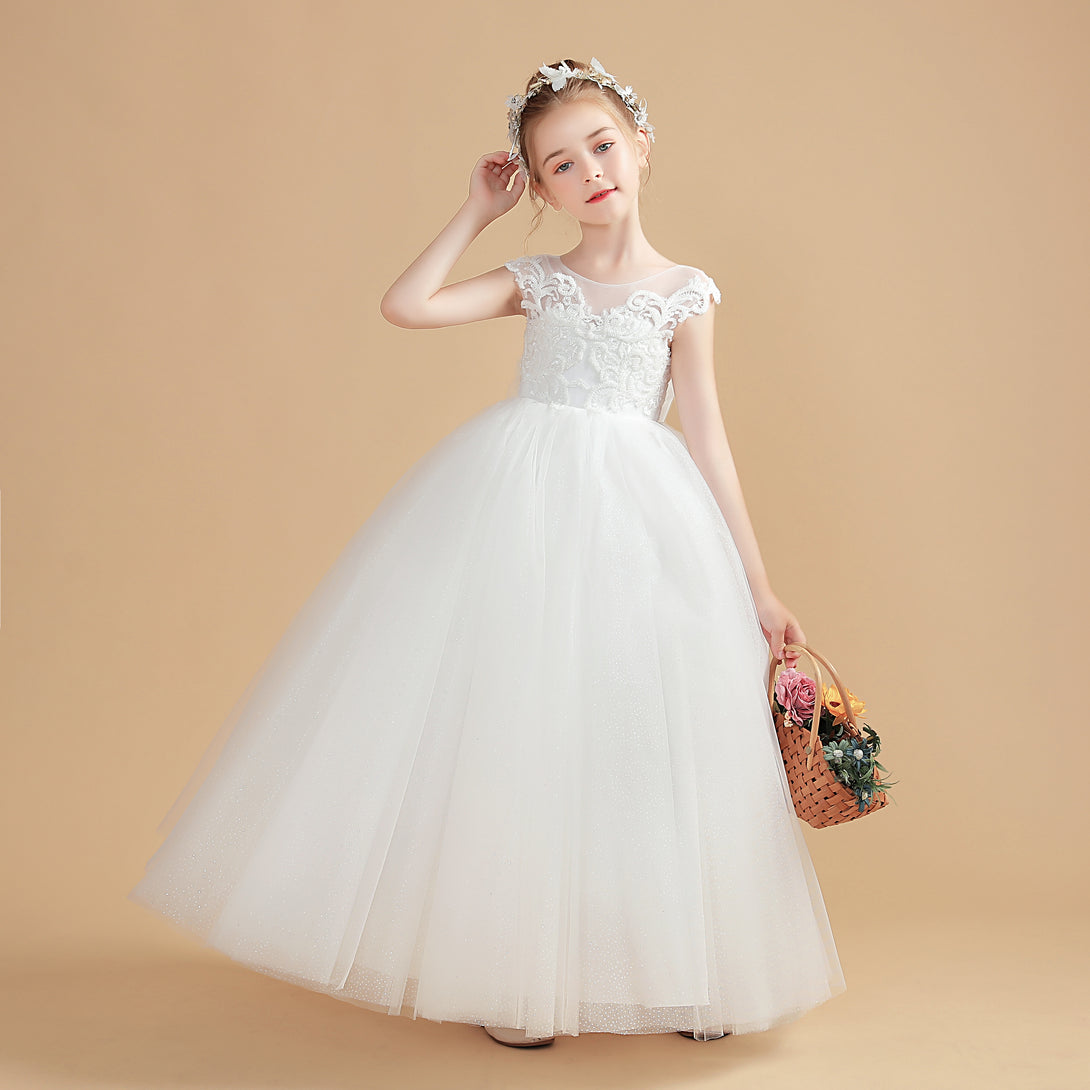 Princess Sleeveless Scoop Neck Floor-Length Tulle/Lace Flower Girl Dresses/First Communion Dress With Appliques/Bow Gidiondress