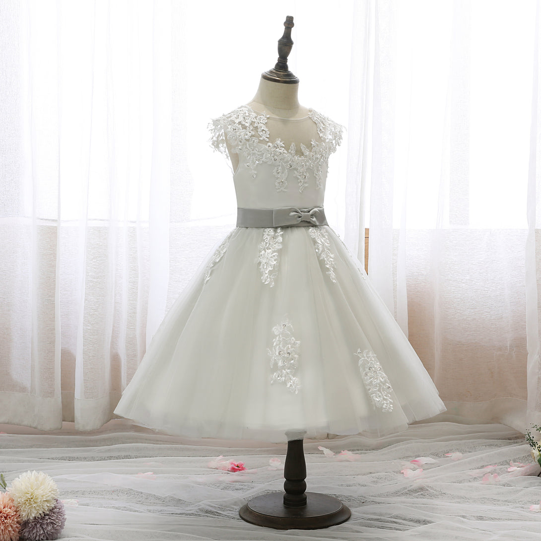 Boat Neck Sleeveless Knee-Length Lace/Satin/Tulle Girls Birthday Dresses With Appliques/Bow Belt Gidiondress
