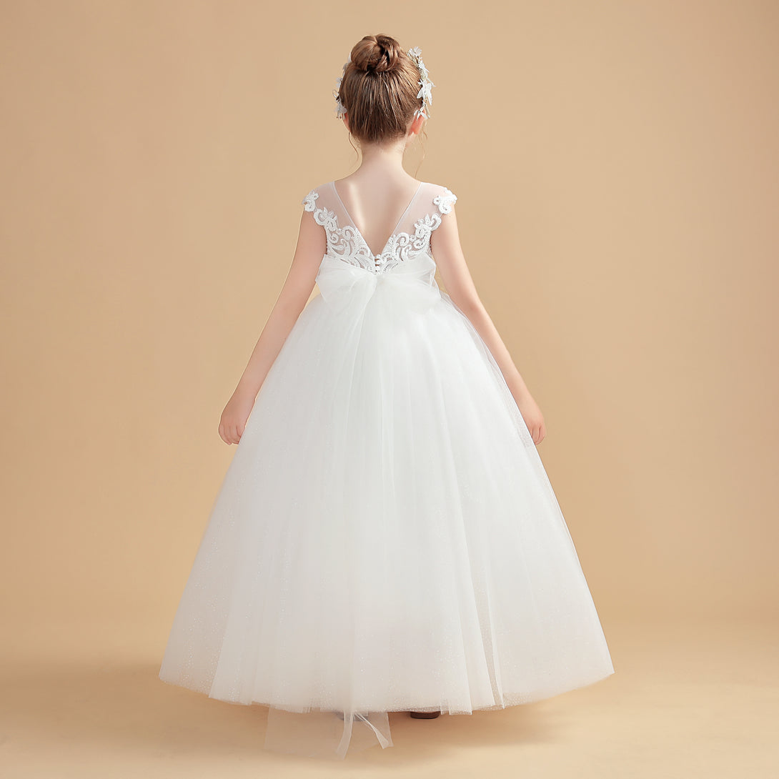 Princess Sleeveless Scoop Neck Floor-Length Tulle/Lace Flower Girl Dresses/First Communion Dress With Appliques/Bow Gidiondress