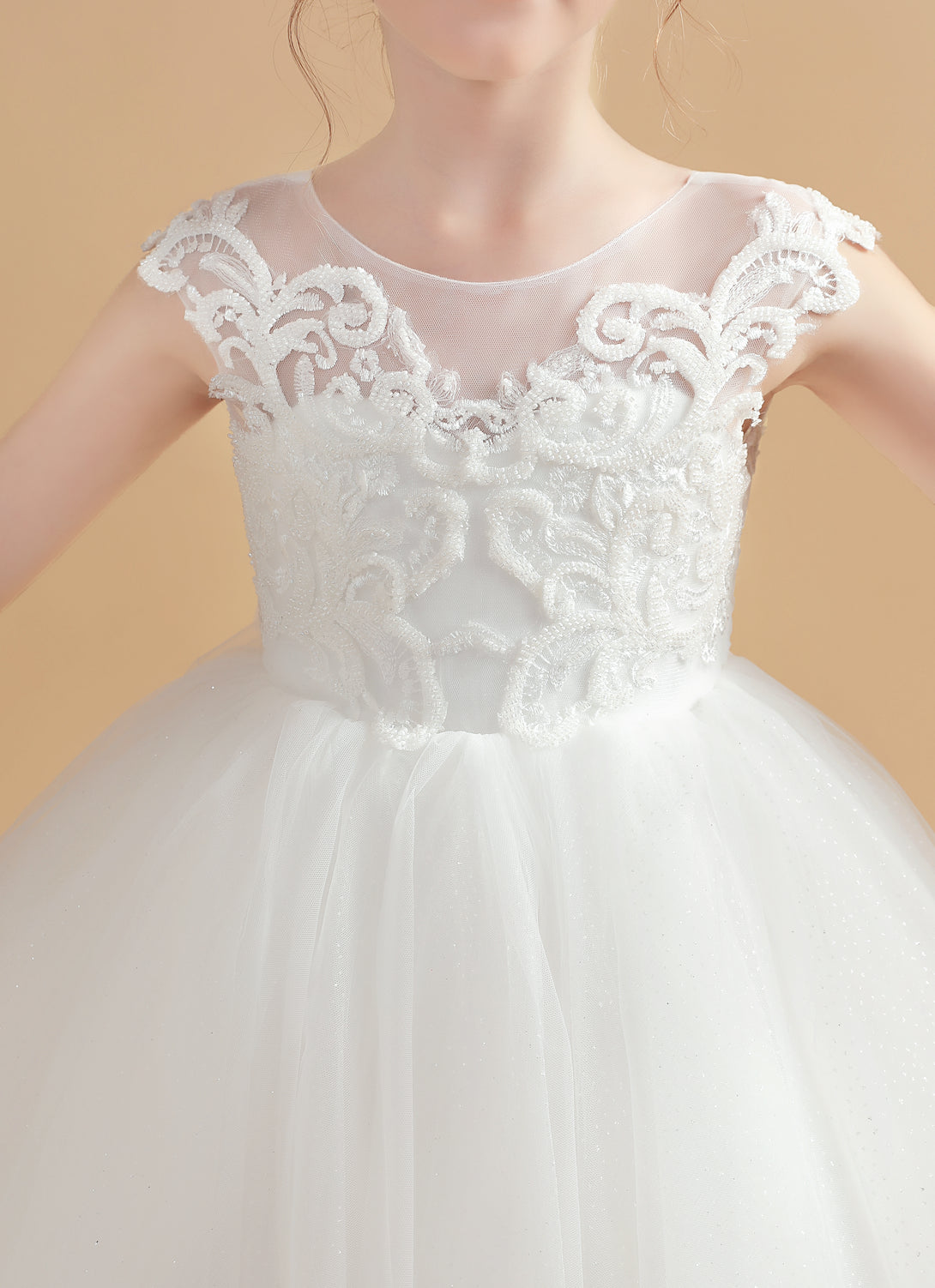 Princess Sleeveless Scoop Neck Floor-Length Tulle/Lace Flower Girl Dresses/First Communion Dress With Appliques/Bow Gidiondress