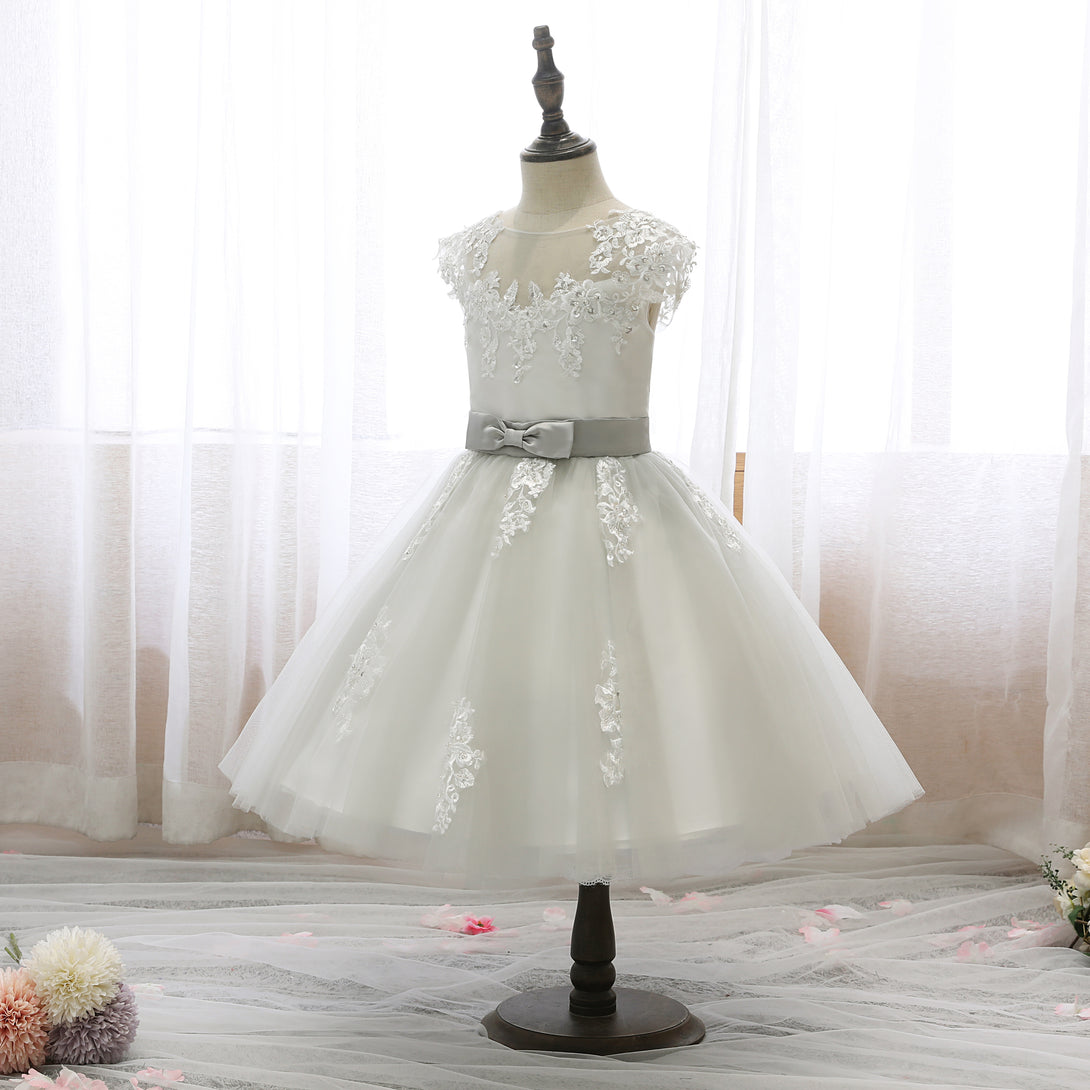 Boat Neck Sleeveless Knee-Length Lace/Satin/Tulle Girls Birthday Dresses With Appliques/Bow Belt Gidiondress