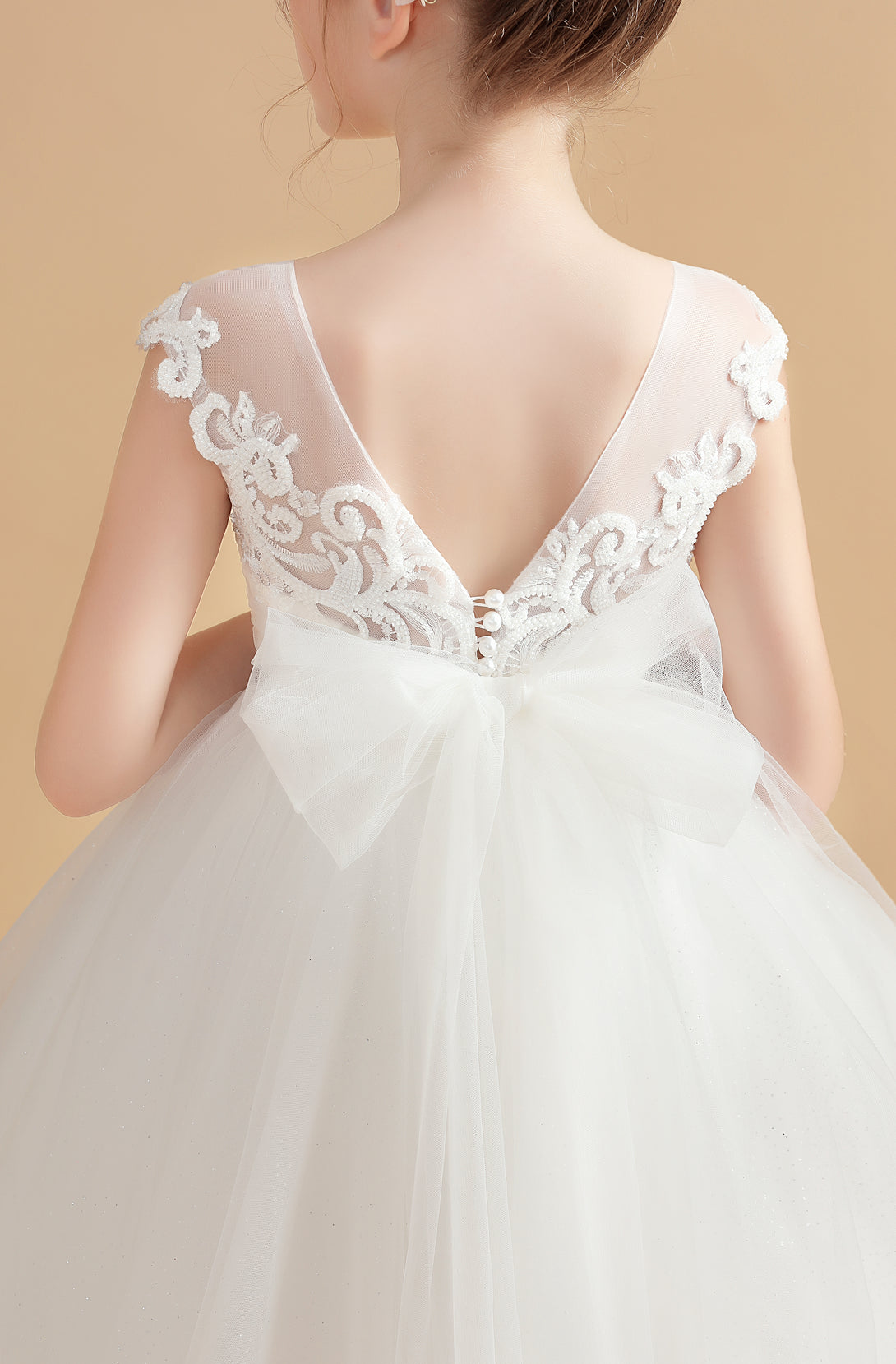 Princess Sleeveless Scoop Neck Floor-Length Tulle/Lace Flower Girl Dresses/First Communion Dress With Appliques/Bow Gidiondress