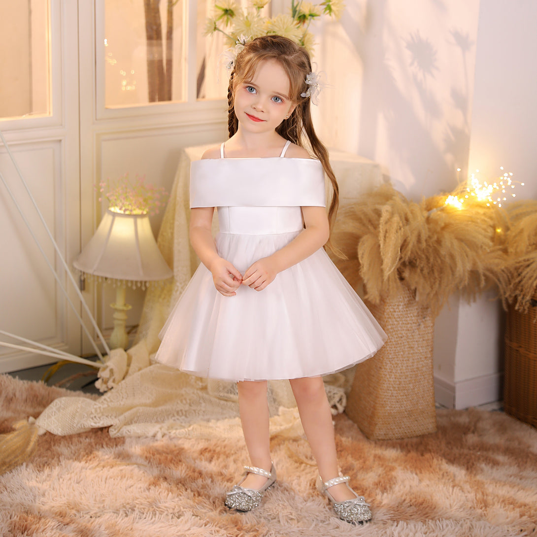 Ball Gown/Princess Cold Shoulder Satin/Tulle Ivory Knee-Length Flower Girl Dresses/Girls Birthday Dresses With Bow Girls Gidiondress Ivory 12M