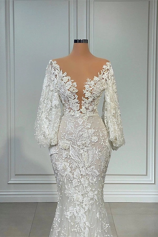 Long-sleeve Gown With Deep V Back Detailing, Wedding Dress BabaMila