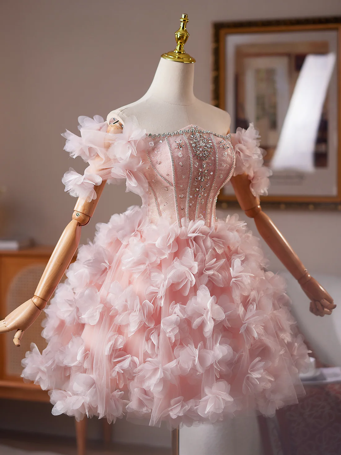 A-Line Tulle Beads Pink Short Prom Dress, Pink Homecoming Dress Homecoming Dress BabaMila