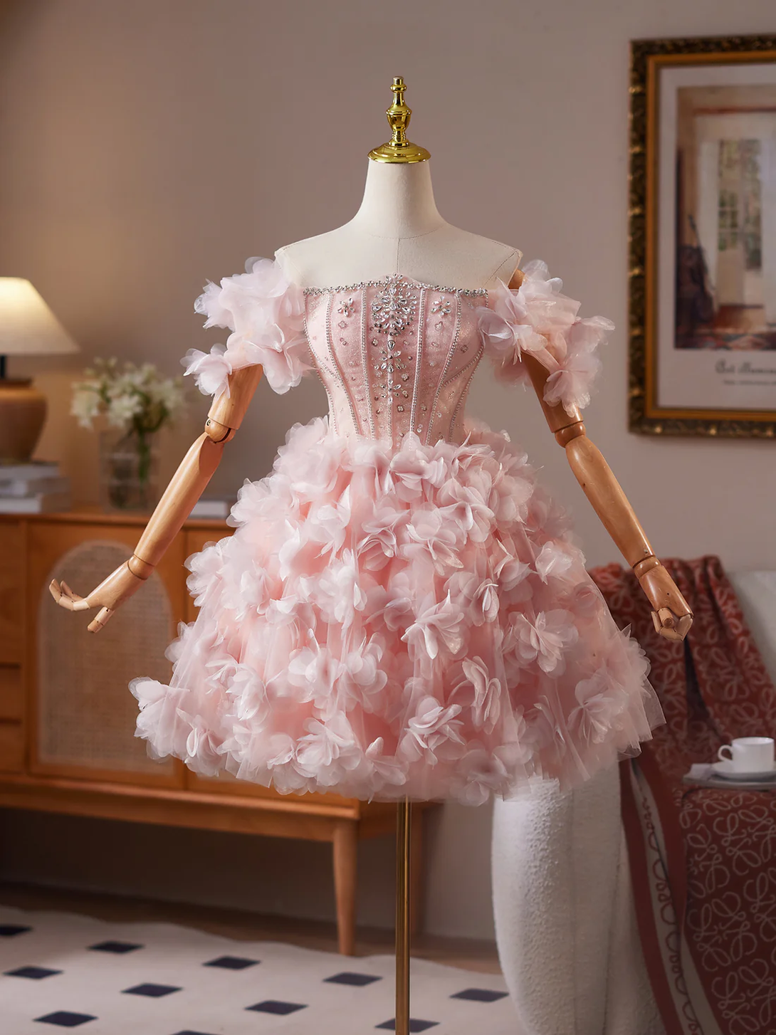 A-Line Tulle Beads Pink Short Prom Dress, Pink Homecoming Dress Homecoming Dress BabaMila