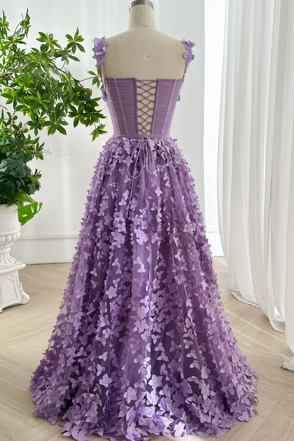 Embroidered Prom Dress Lavender 3D Floral Corset Gown with Lace-Up Back Evening Party dress BabaMila