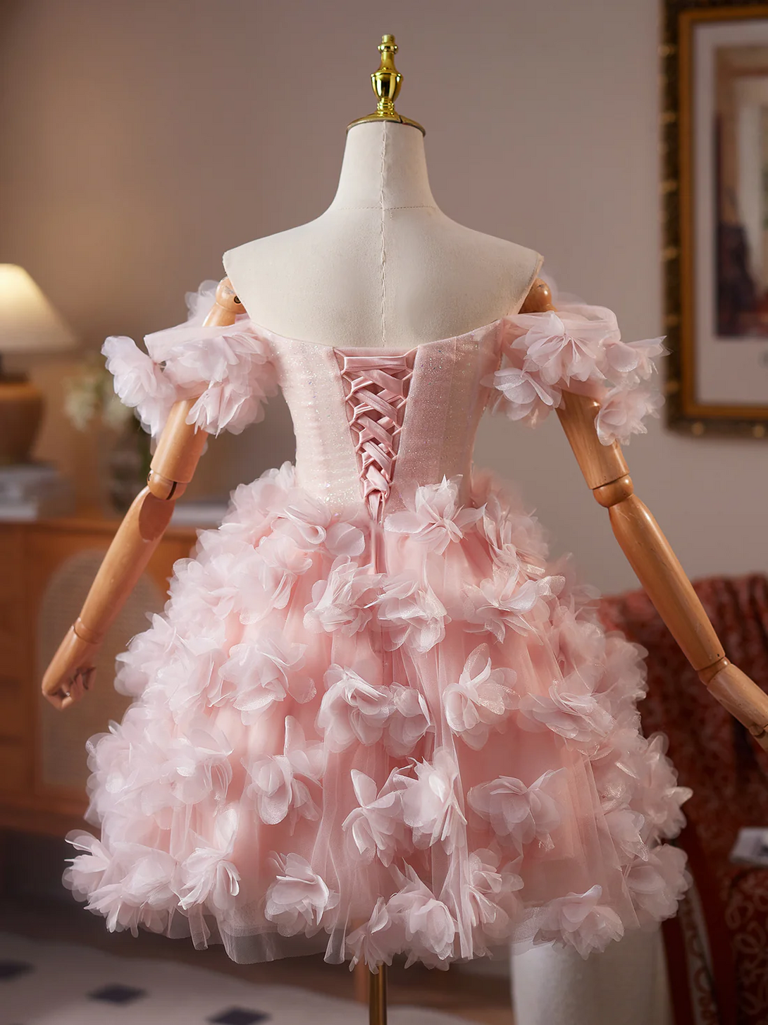 A-Line Tulle Beads Pink Short Prom Dress, Pink Homecoming Dress Homecoming Dress BabaMila