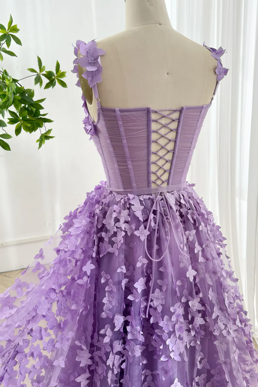 Embroidered Prom Dress Lavender 3D Floral Corset Gown with Lace-Up Back Evening Party dress BabaMila