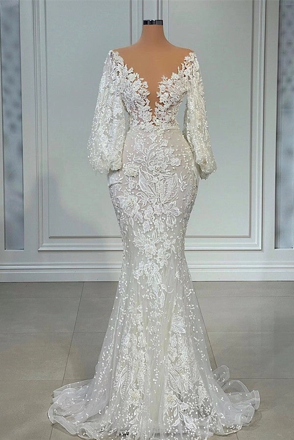 Long-sleeve Gown With Deep V Back Detailing, Wedding Dress BabaMila