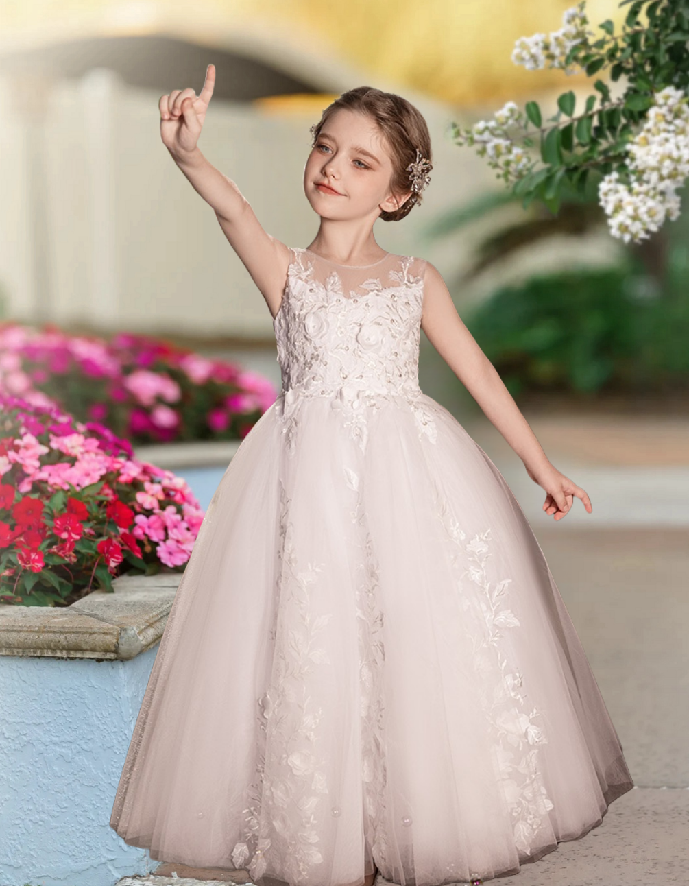 First Communion Dresses Ball Gown Scoop Neck Sleeveless Floor-Length Lace/Tulle Flower Girl Dresses With Appliques Girls Gidiondress