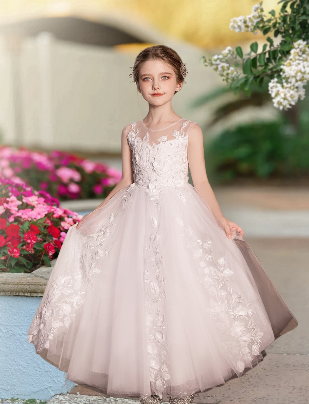First Communion Dresses Ball Gown Scoop Neck Sleeveless Floor-Length Lace/Tulle Flower Girl Dresses With Appliques Girls Gidiondress