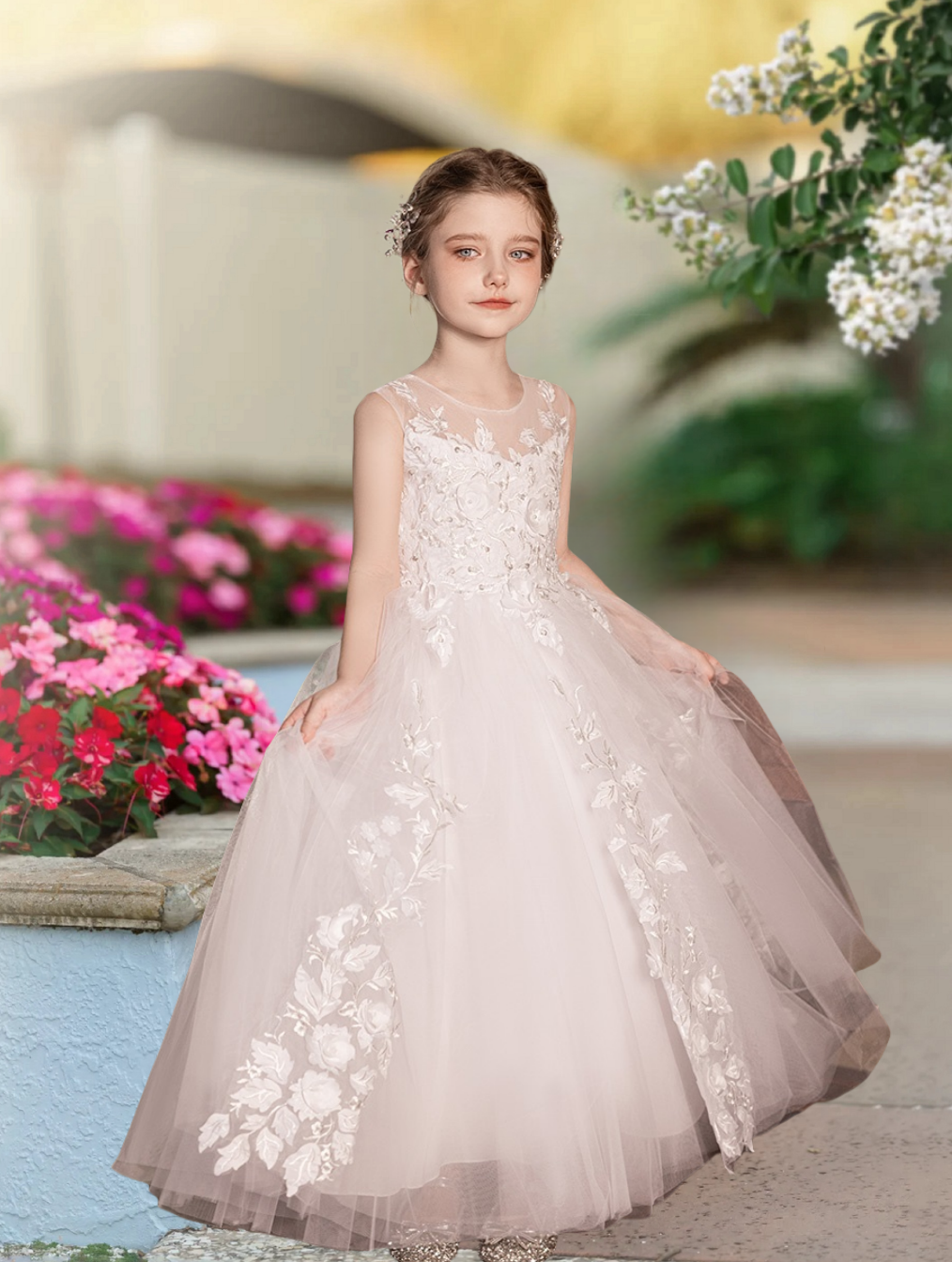 First Communion Dresses Ball Gown Scoop Neck Sleeveless Floor-Length Lace/Tulle Flower Girl Dresses With Appliques Girls Gidiondress