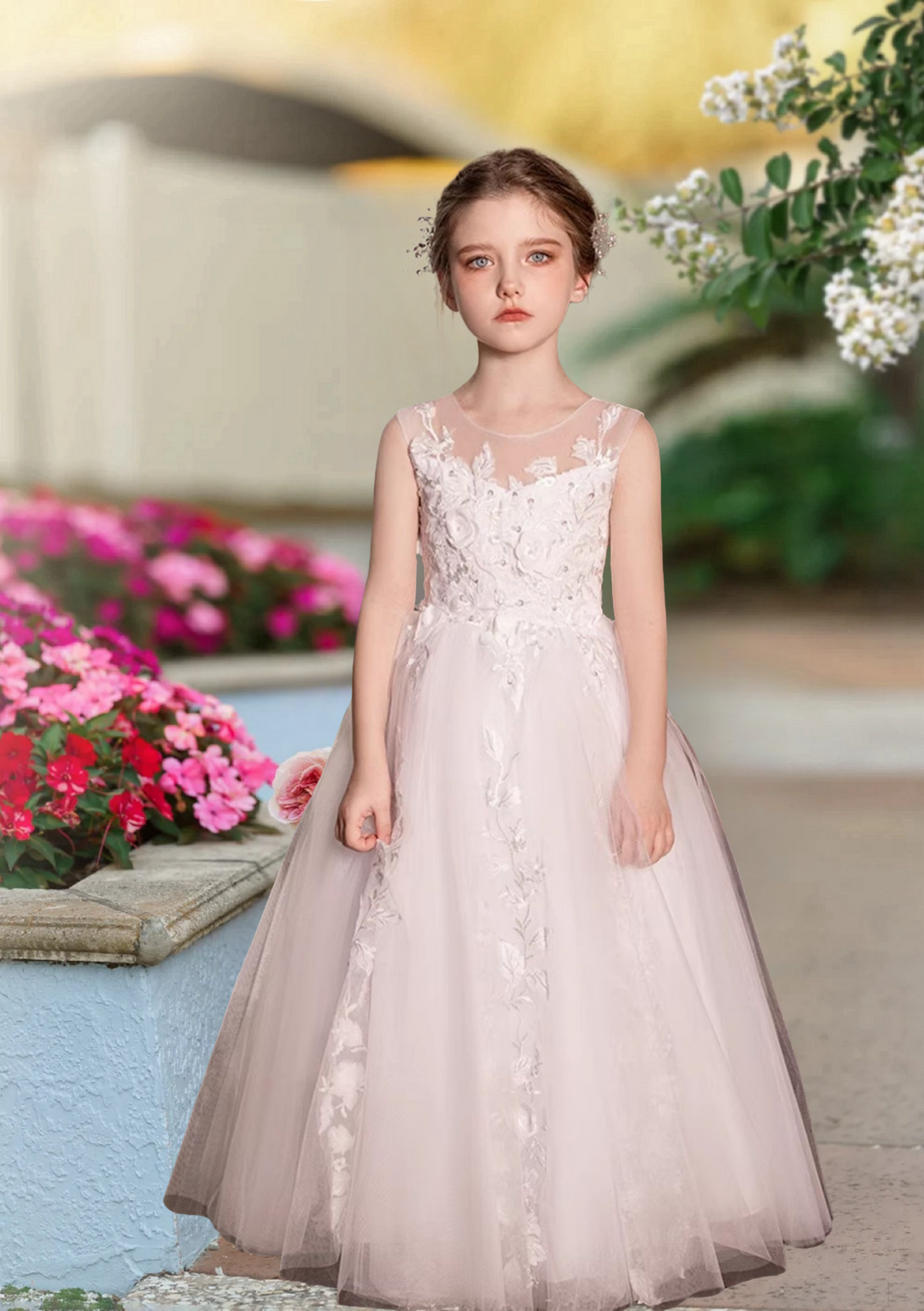 First Communion Dresses Ball Gown Scoop Neck Sleeveless Floor-Length Lace/Tulle Flower Girl Dresses With Appliques Girls Gidiondress