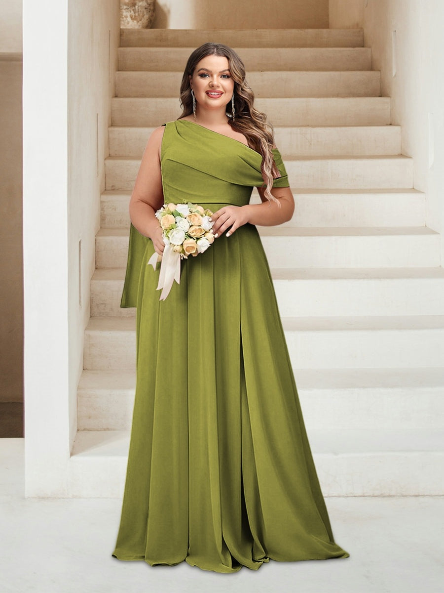 A-Line/Princess One-Shoulder Floor-Length Sleeveless Plus Size Bridesmaid Dresses BabaMila