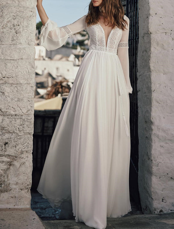 A-Line/Princess Applique V-Neck Floor-length Lace Wedding Dress BabaMila