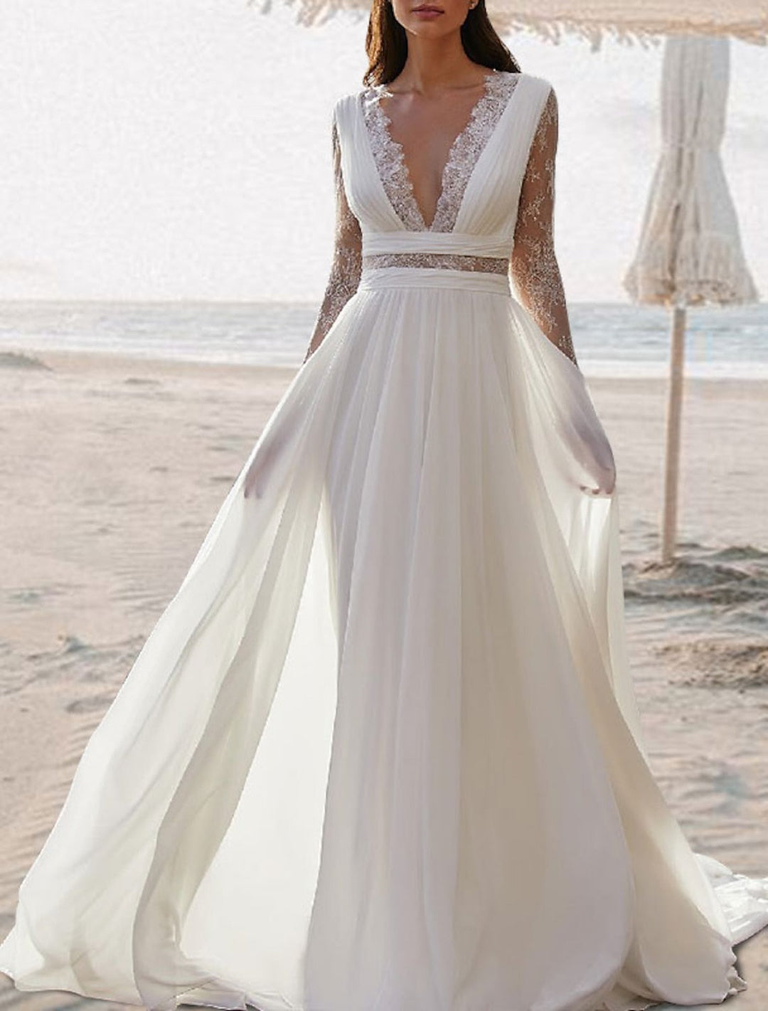 A-Line/Princess V-Neck Floor-length Lace Long Sleeve Wedding Dress BabaMila
