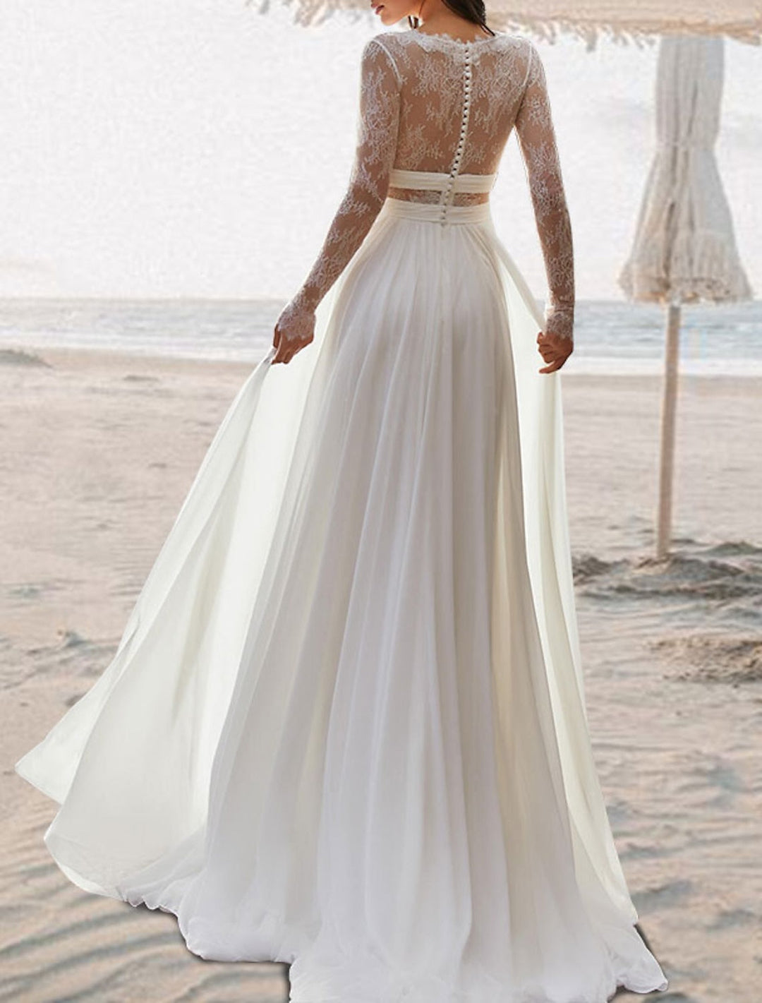 A-Line/Princess V-Neck Floor-length Lace Long Sleeve Wedding Dress BabaMila