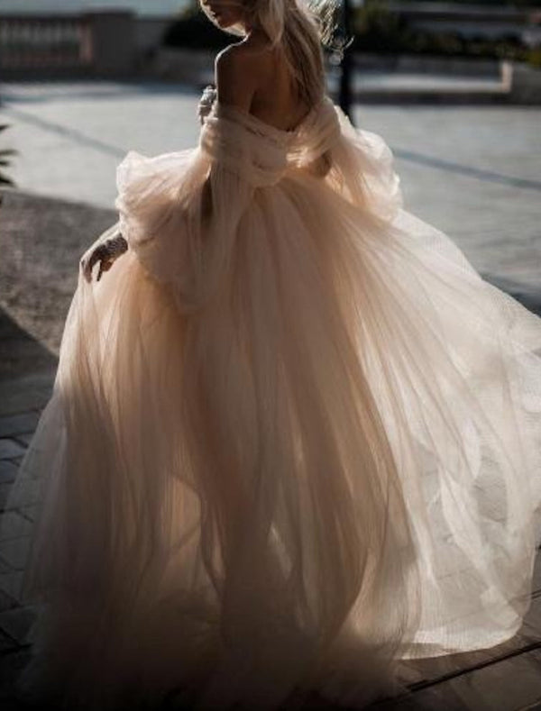 A-Line/Princess Off-the-Shoulder Floor-length Lace Cascading Ruffles Wedding Dress BabaMila