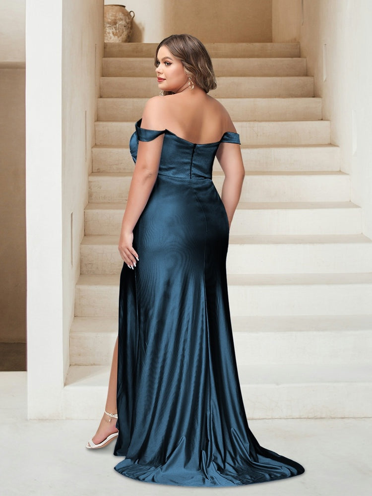 Sheath/Column Off-the-Shoulder Plus Size Bridesmaid Dresses With Split Side BabaMila