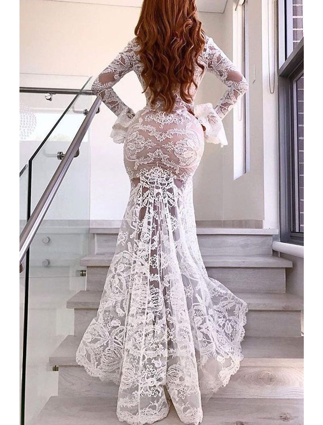 Trumpet/Mermaid V-Neck Floor-length Lace Wedding Dress With Ruffles BabaMila