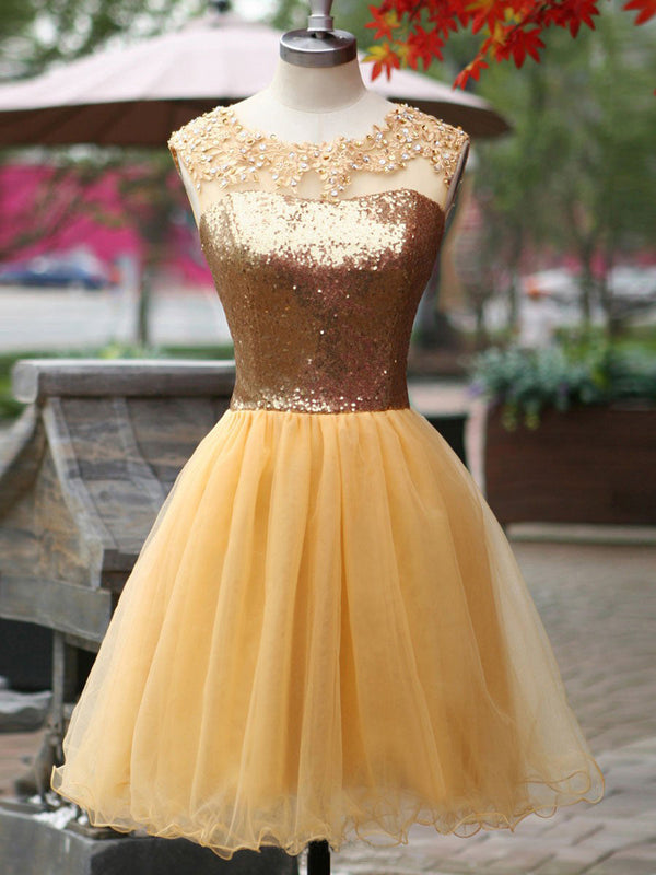 Homecoming Dress Sexy Gold Sequins Scoop Short Prom Dress Party Dress Homecoming Dress BabaMila