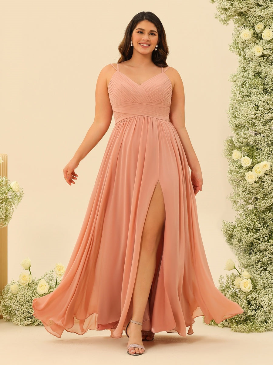 A-Line/Princess Floor-Length Spaghetti Straps Ruffles Plus Size Bridesmaid Dresses BabaMila