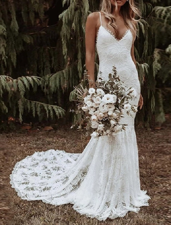 Trumpet/Mermaid Spaghetti Straps Sweep Train Lace Wedding Dress BabaMila