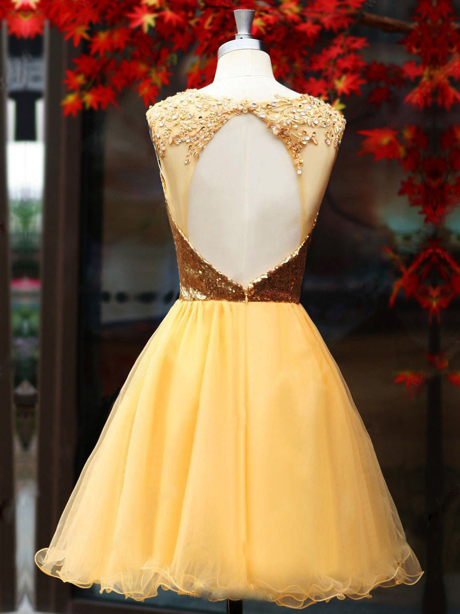 Homecoming Dress Sexy Gold Sequins Scoop Short Prom Dress Party Dress Homecoming Dress BabaMila