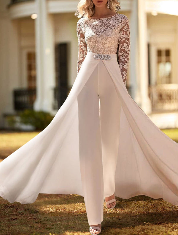 Two Piece Scoop Chiffon Long Sleeves Floor-length Lace Wedding Dress BabaMila