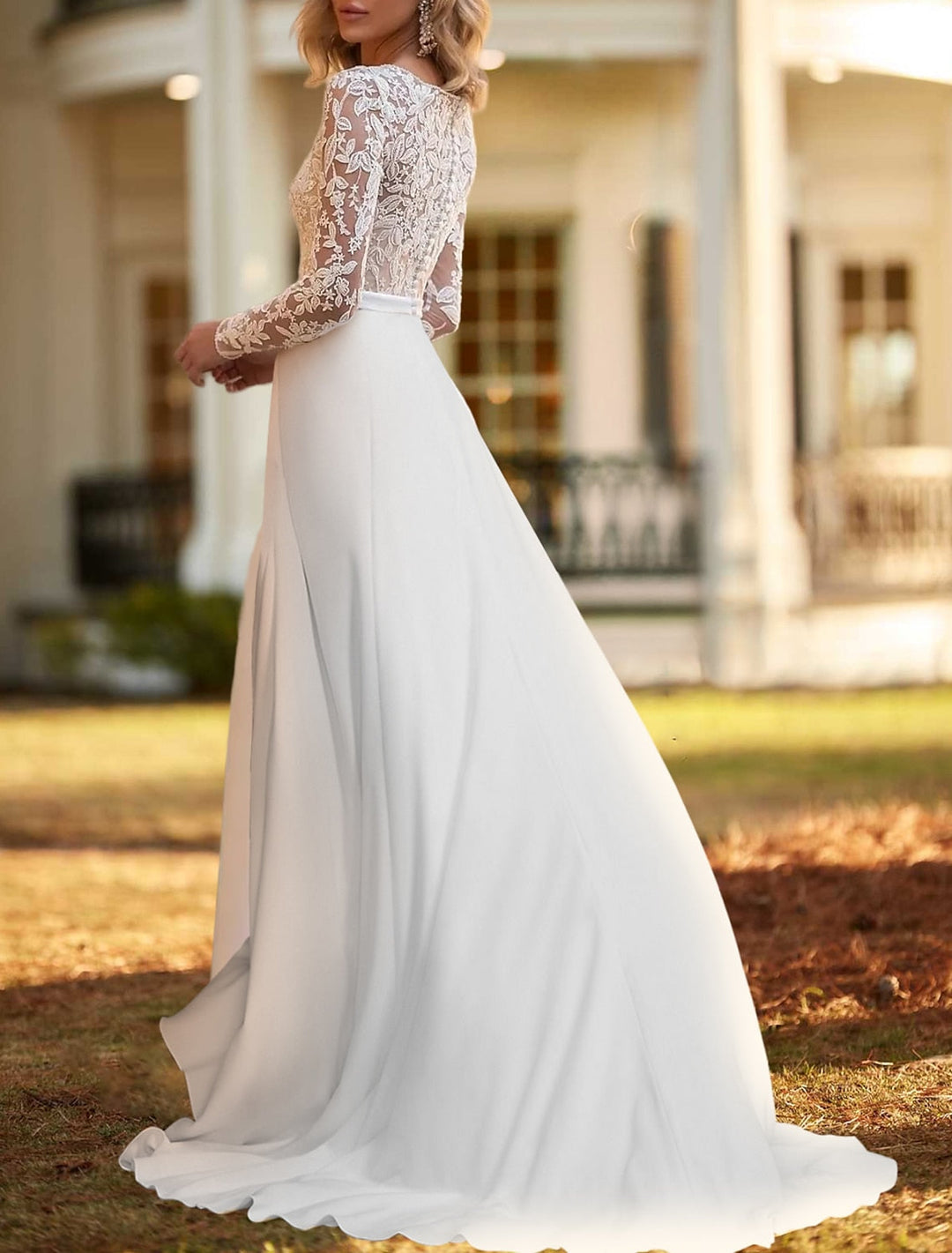 Two Piece Scoop Chiffon Long Sleeves Floor-length Lace Wedding Dress BabaMila