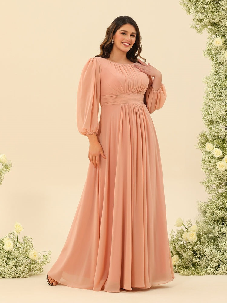A-Line/Princess Floor-Length Long Sleeves Plus Size Bridesmaid Dresses With Sash BabaMila