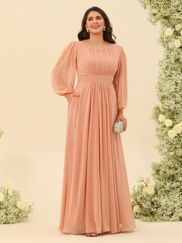 A-Line/Princess Floor-Length Long Sleeves Plus Size Bridesmaid Dresses With Sash BabaMila
