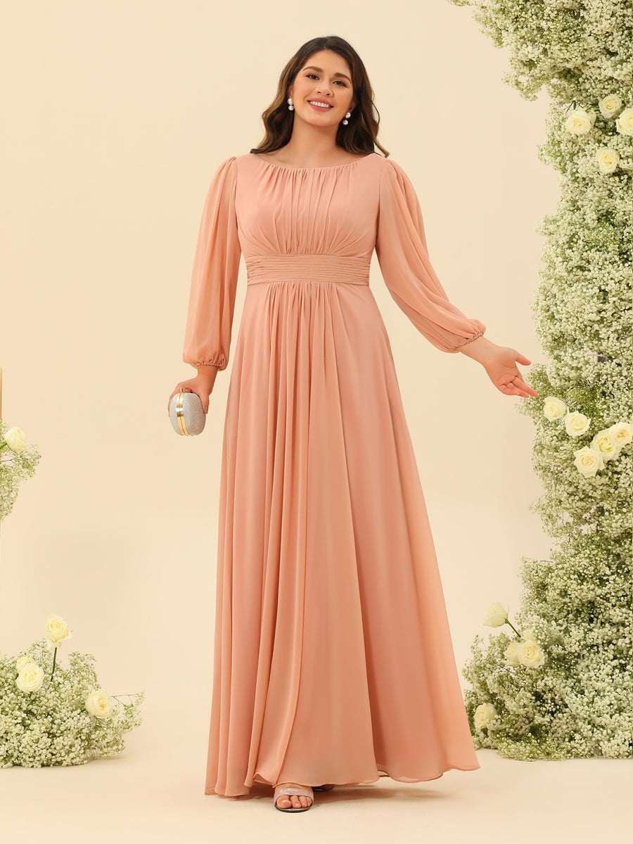 A-Line/Princess Floor-Length Long Sleeves Plus Size Bridesmaid Dresses With Sash BabaMila