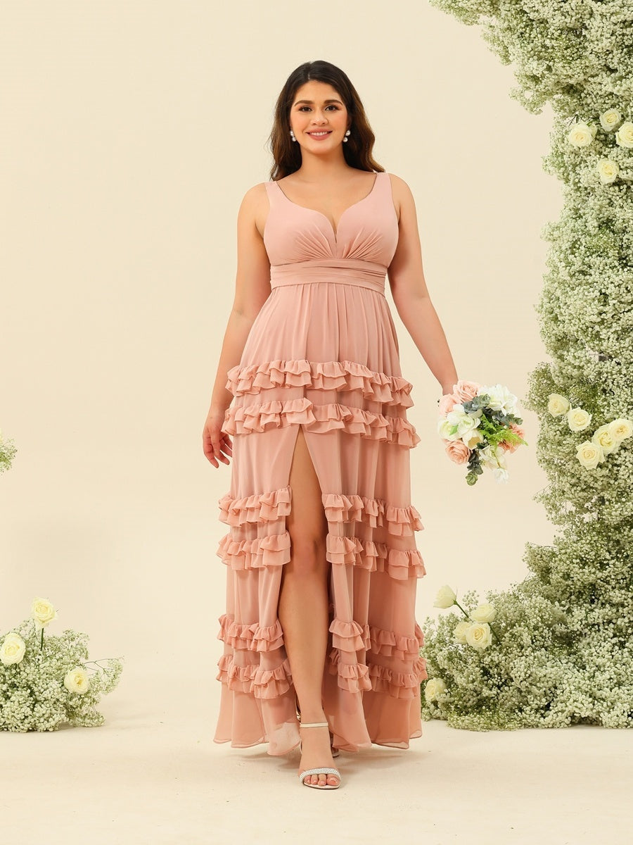 A-Line/Princess Floor-Length Sleeveless Plus Size Bridesmaid Dresses With Ruffled Hem BabaMila