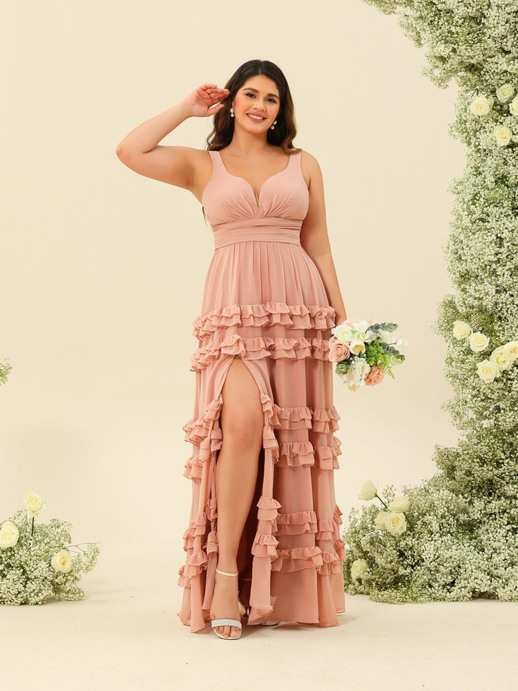 A-Line/Princess Floor-Length Sleeveless Plus Size Bridesmaid Dresses With Ruffled Hem BabaMila