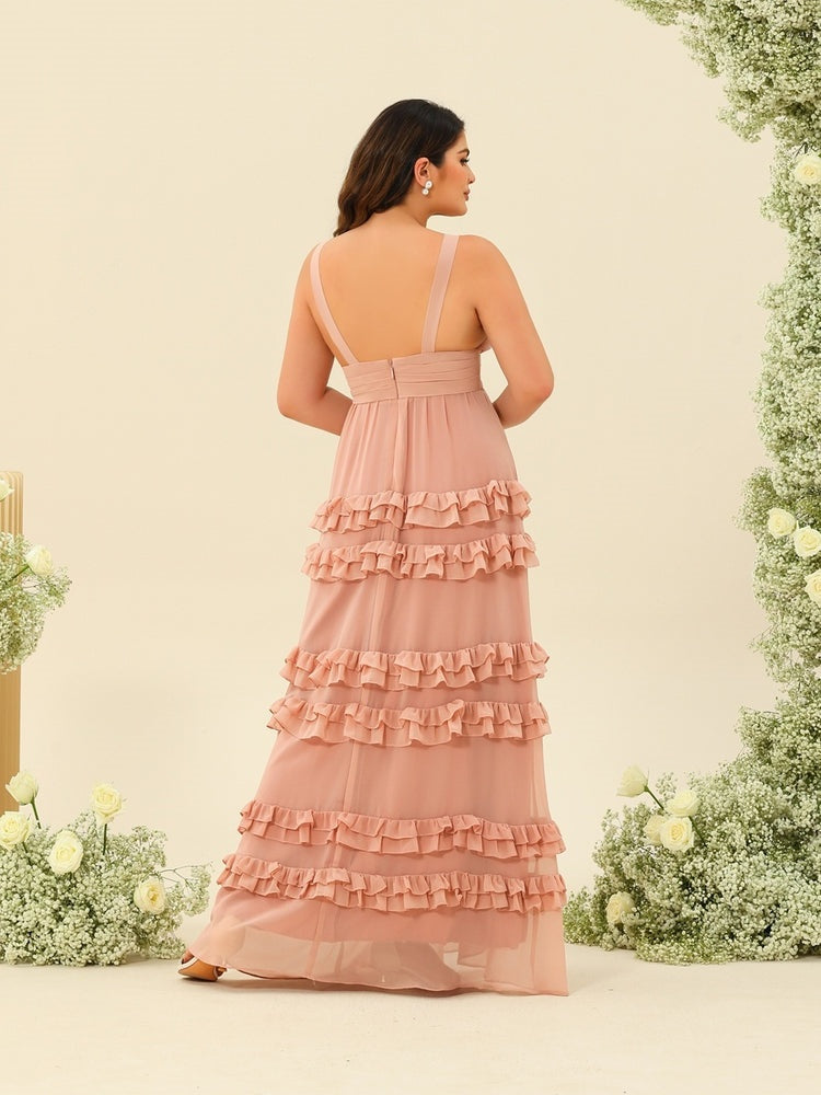 A-Line/Princess Floor-Length Sleeveless Plus Size Bridesmaid Dresses With Ruffled Hem BabaMila