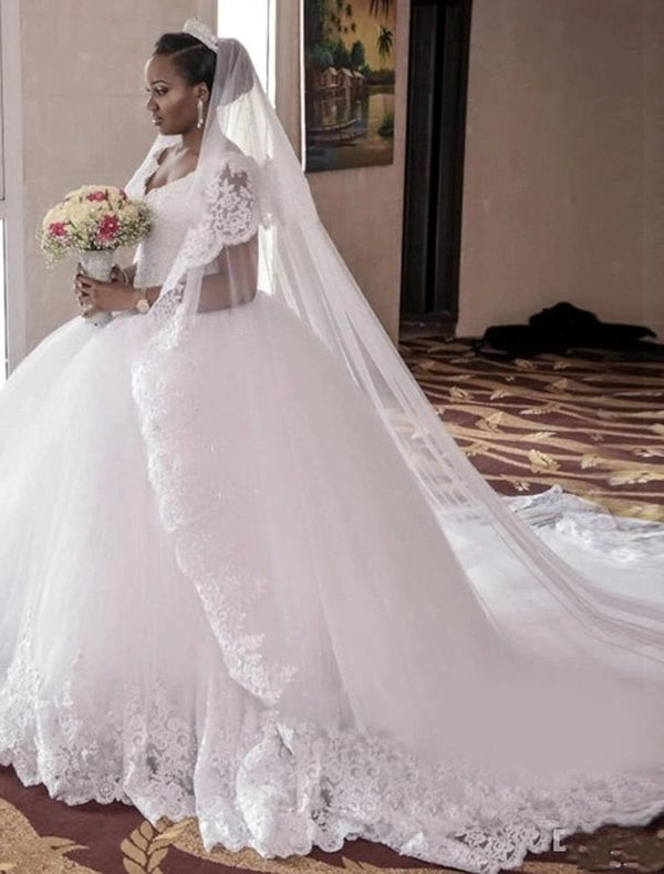 Ball Gown Tulle Sleeveless V-Neck Floor-length Lace Wedding Dress With Applique/Beading BabaMila