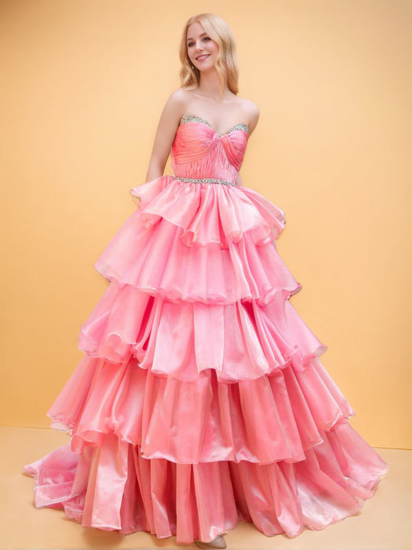 A-Line/Princess Strapless Sweetheart Floor-Length Prom Evening Dresses With Cascading Ruffles/Beads Belt/Pleated BabaMila