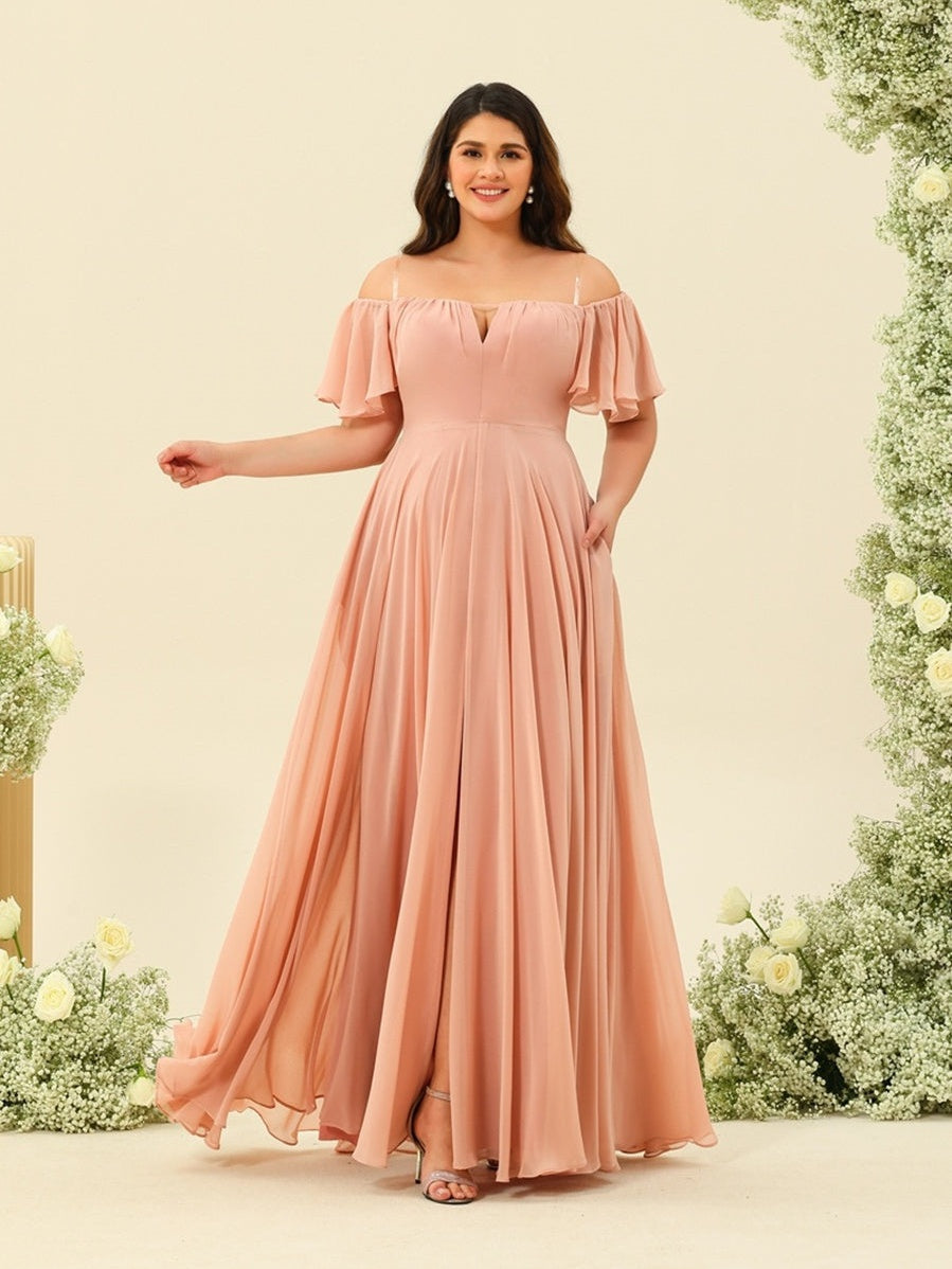 A-Line/Princess Floor-Length Off-the-Shoulder Plus Size Bridesmaid Dresses BabaMila