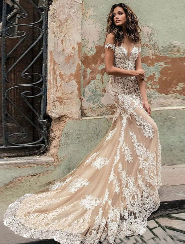 Trumpet/Mermaid Off-the-Shoulder Floor-length Lace Wedding Dress BabaMila