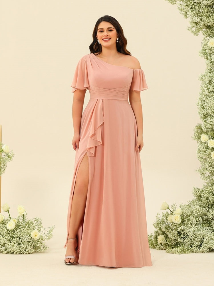 A-Line/Princess One-Shoulder Floor-Length Split Side Plus Size Bridesmaid Dresses BabaMila