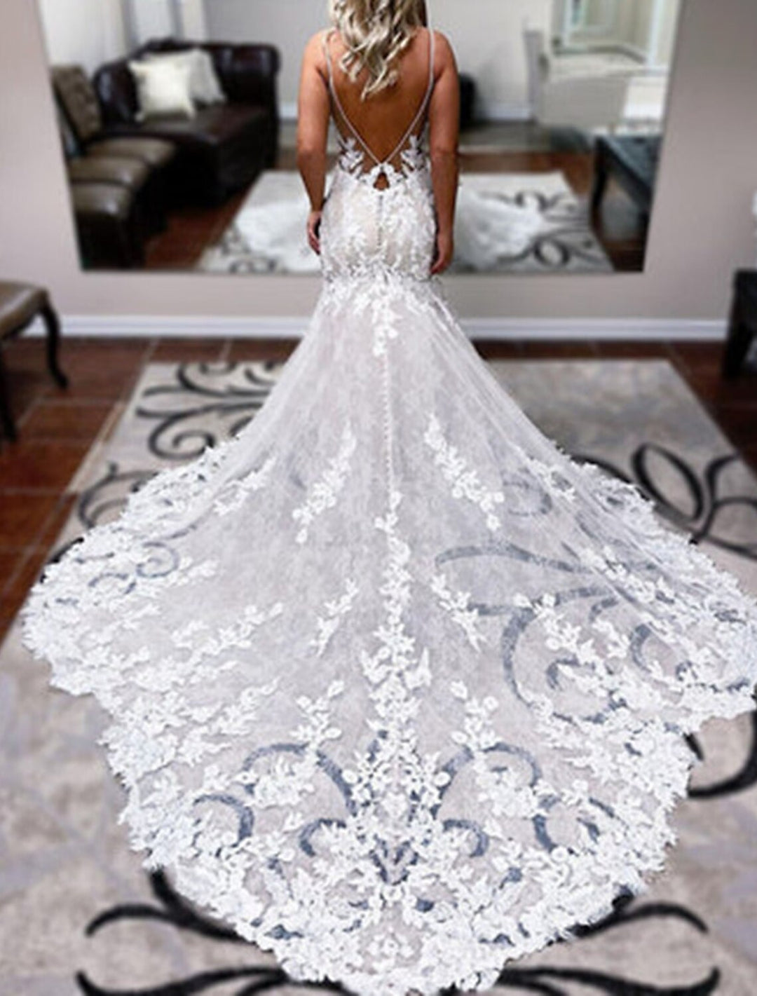Trumpet/Mermaid Sweetheart Neck Spaghetti Straps Floor-length Lace Wedding Dress BabaMila