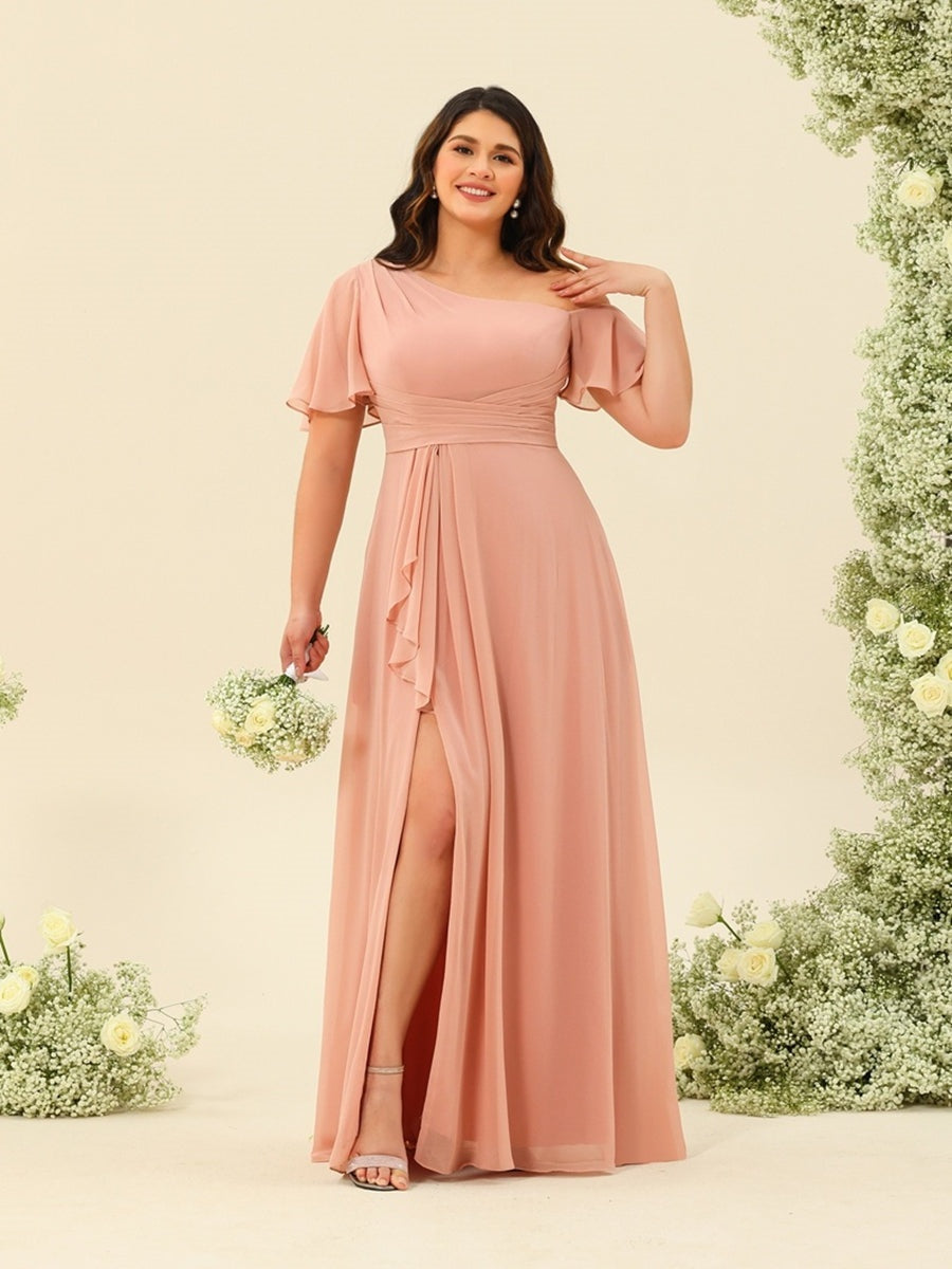 A-Line/Princess One-Shoulder Floor-Length Split Side Plus Size Bridesmaid Dresses BabaMila