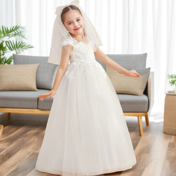 3D Flower V Neck Sleeveless Lace Dresses Girls Gidiondress