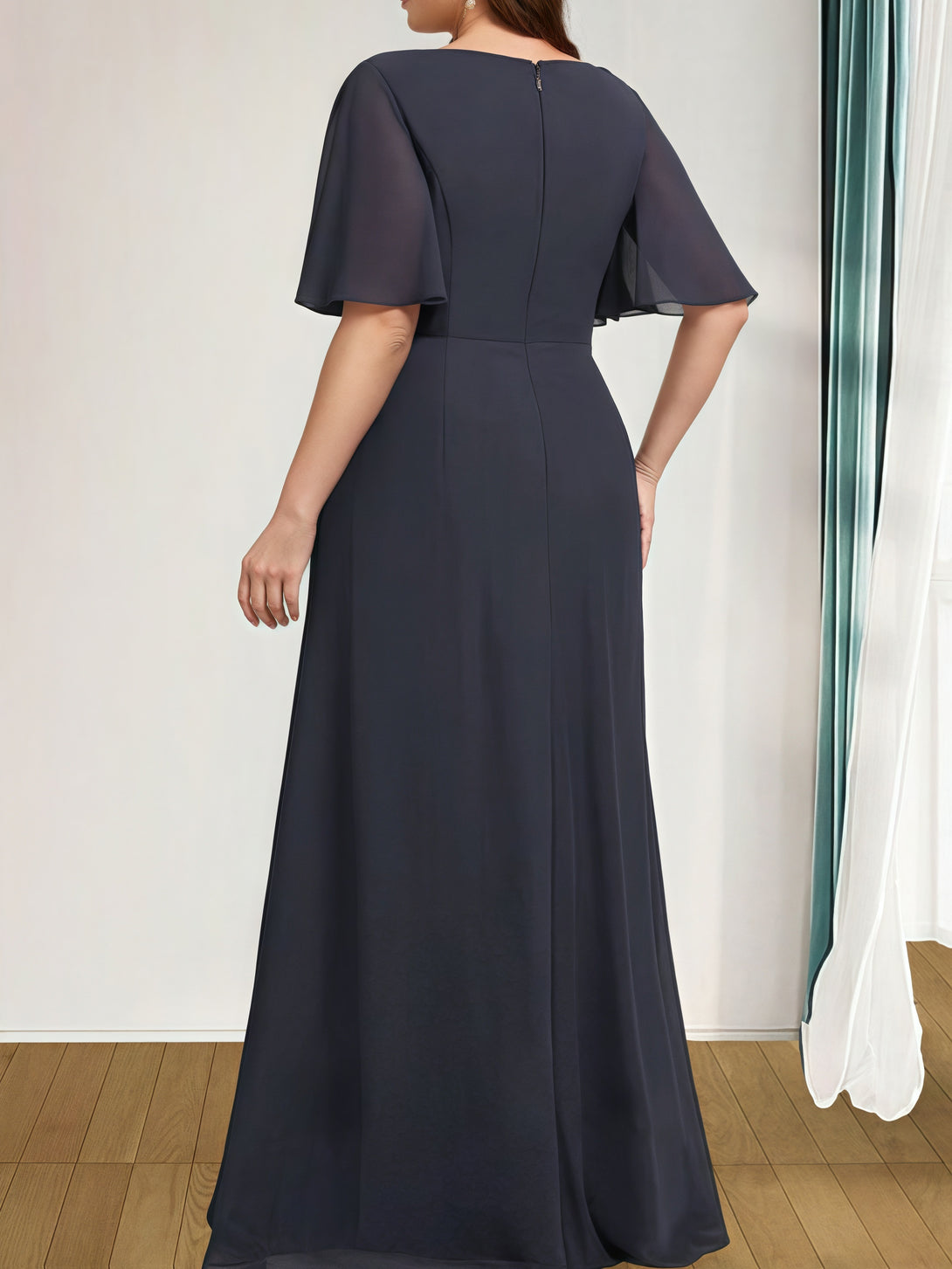 A-Line Boat Neck Flutter Straps Floor-Length Chiffon Mother of the Bride Dress With Cascading Ruffles/Beads BabaMila